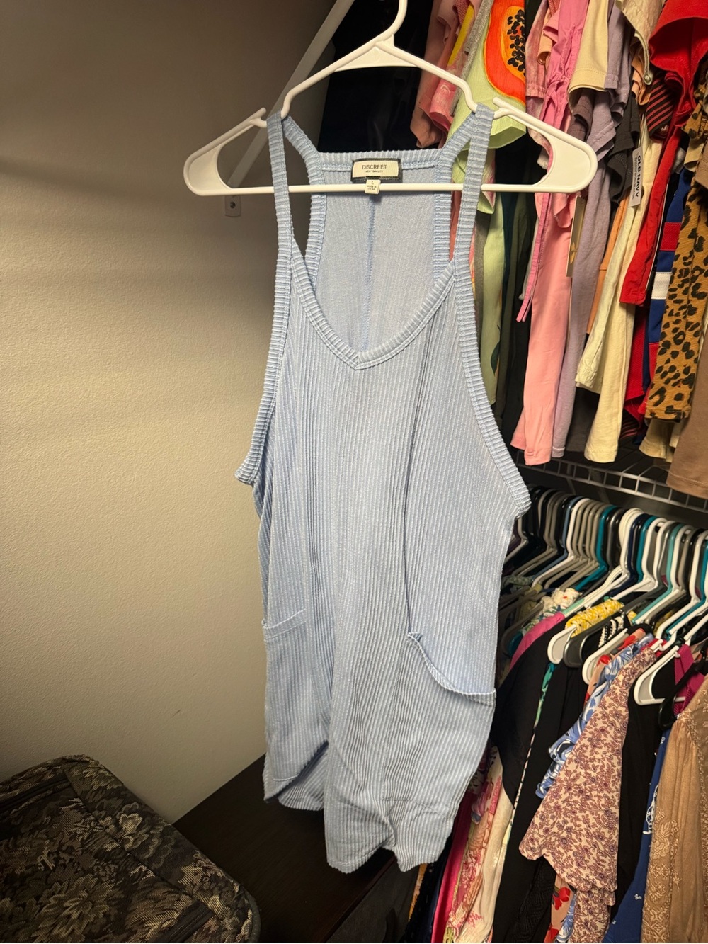 Discreet Pale Blue Waffle Knit Racerback Tank with Pockets